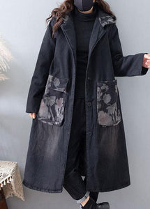 Fine Plus Size Clothing Coats Denim Black Hooded Pockets Outwear TCT210101