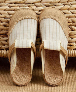 Fitted Slippers Shoes Beige Striped Cotton Linen Fabric LT210630-220630