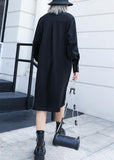 100% black Cotton tunic top stand collar Button cotton fall Dress dylinoshop