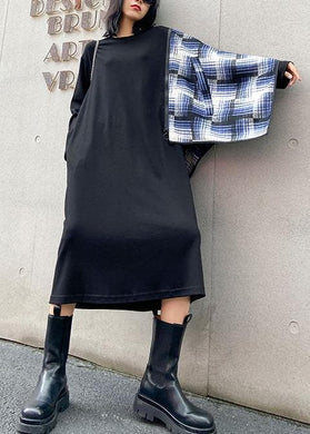 100% black Wardrobes o neck pockets plaid Maxi fall Dress dylinoshop