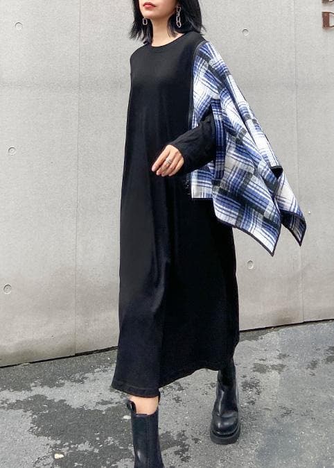 100% black Wardrobes o neck pockets plaid Maxi fall Dress dylinoshop