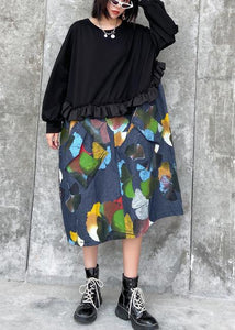 100% black patchwork print tunic pattern o neck Ruffles Art Dresses dylinoshop
