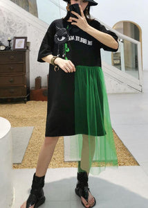 100% black patchwork tulle Cotton tunic dress short sleeve tunic Dresses dylinoshop