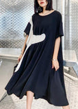 100% black Cinched dress o neck patchwork short Dress dylinoshop