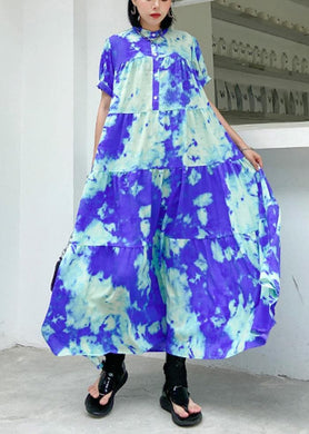 100% blue print cotton tunics for women stand collar patchwork Plus Size Dresses dylinoshop