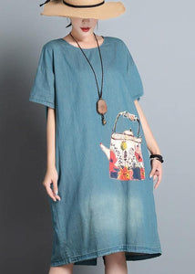 100% denim blue print dresses o neck pockets A Line summer Dress dylinoshop