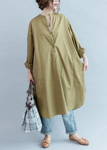 100% khaki cotton clothes Women side open loose fall Dress dylinoshop