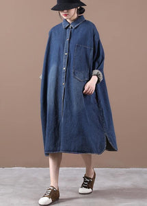 100% lapel patchwork spring outfit Fashion Ideas denim blue long Dress dylinoshop