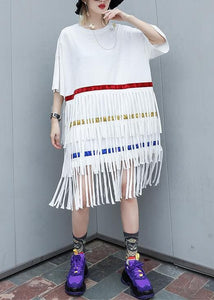 100% white Cotton clothes layered tassel shift summer Dresses dylinoshop