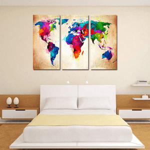 Miico Hand Painted Three Combination Decorative Paintings Colorful World Map Wall Art for Home Decoration MRSLM