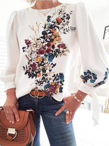Women Plant Floral Print Long Sleeve White Design Blouses dylinoshop