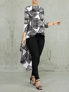 Geometric Printed Irregular Hem O-Neck Casual Long Sleeve Blouse for Women dylinoshop