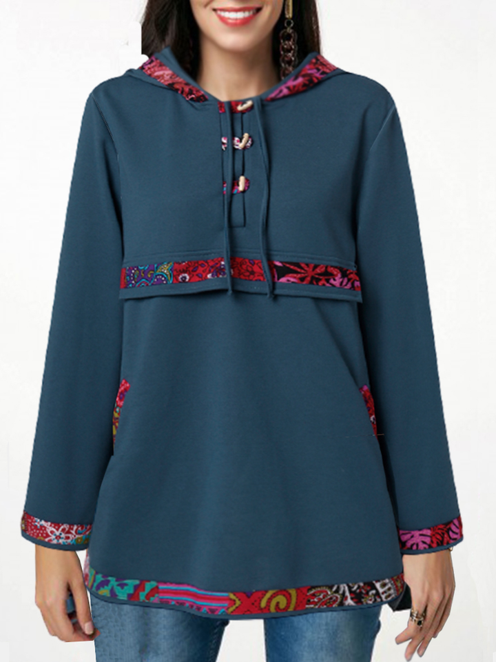 Women Ethnic Pattern Print Long Sleeve Drawstring Hoodies with Pocket dylinoshop