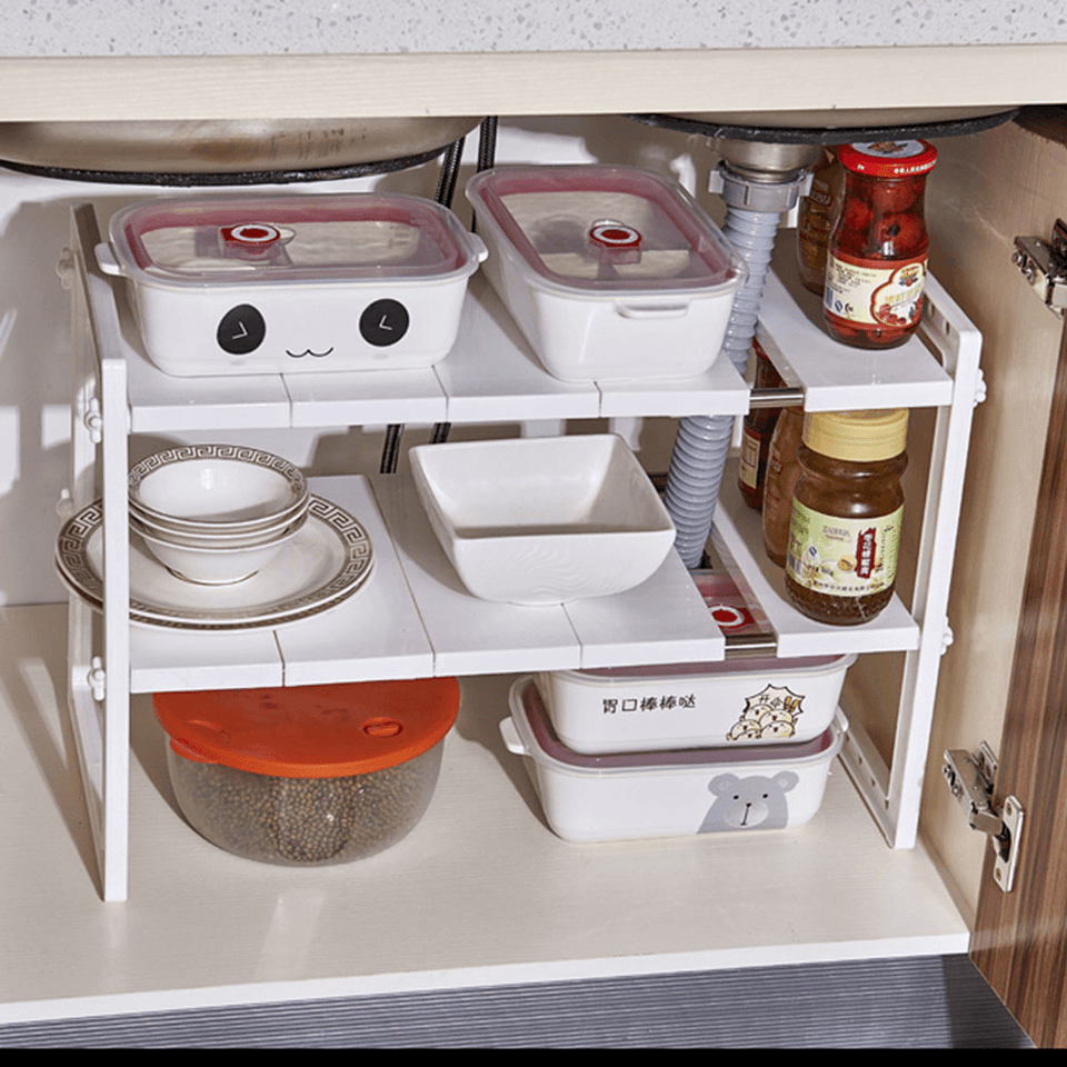 Under Sink 2 Tier Expandable Shelf Organizer Rack Storage Kitchen Tool Holders MRSLM