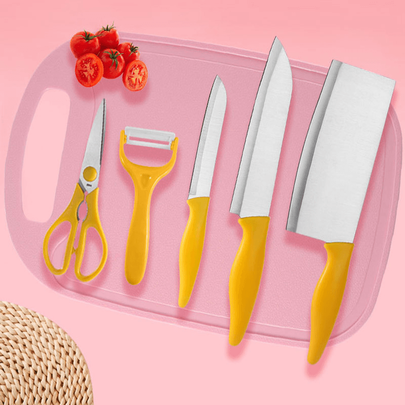 6PCS Wheat Straw Kitchen Knife Cutting Board Cutter Stainless Steel Chef Knife Peele Scissor Sets Fruit Knife Multi-Purpose Knife - Yellow MRSLM