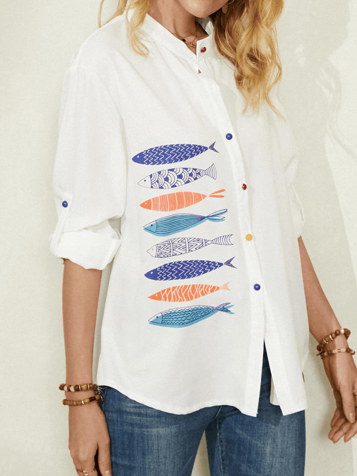 Fish Print Colorful Button Stand Collar Casual Long Sleeve Shirts for Women dylinoshop