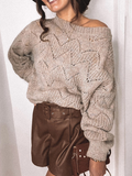Women Hollow Out Ribbed Knit Crew Neck Casual Long Sleeve Sweaters dylinoshop