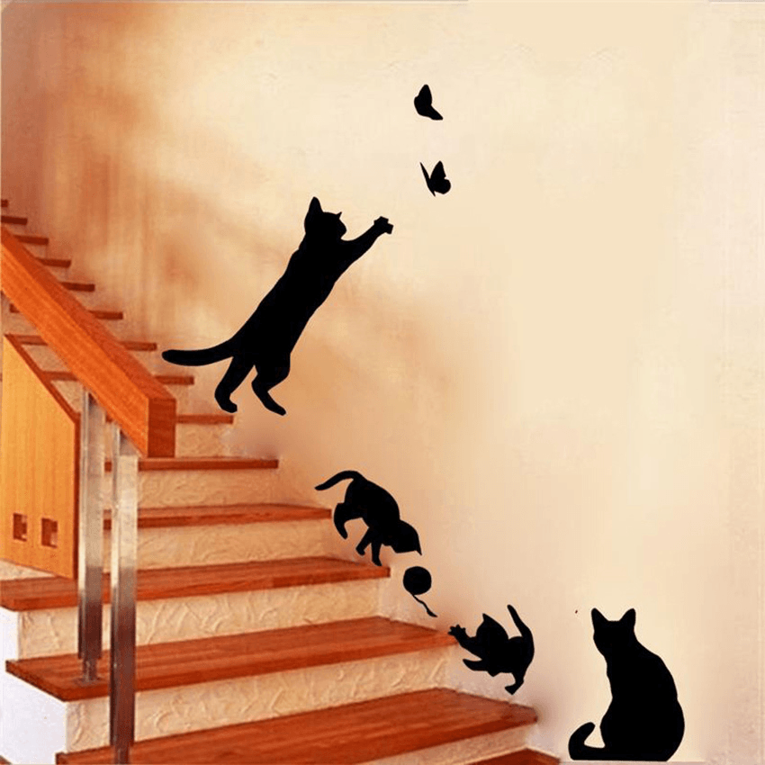 Cat Play Butterflies Wall Sticker Removable Decoration Decals for Bedroom Kitchen Living Room Walls MRSLM