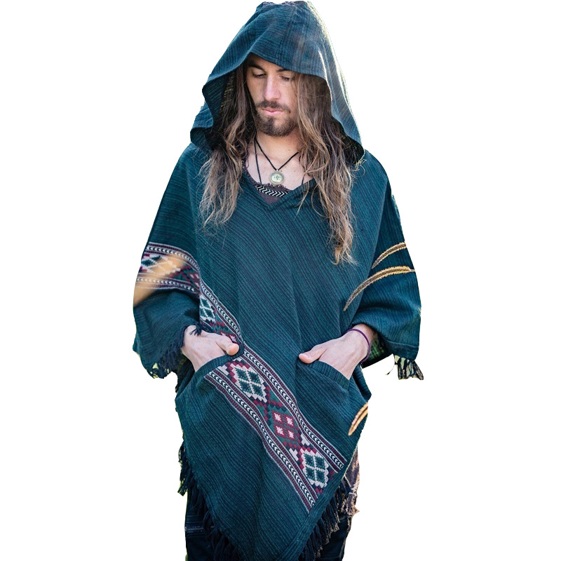 Hooded Cloak Shawl Ethnic Style Hedging Fringed Big Shawl Male dylinoshop