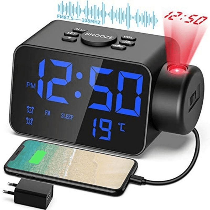 Multifunctional Projection Radio Alarm Clock USB Rechargeable LED Projection 180 Degree Rotating High Sound Quality Radio Alarm Clock MRSLM