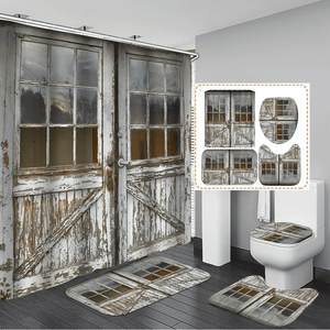 Vintage Wooden Door Bathroom Shower Curtain Non-Slip Mat Set Anti-Rust Waterproof Shower Curtain Set MRSLM