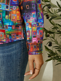 Women Colorful Geometric Printed Button Lapel Long Sleeve Shirt dylinoshop