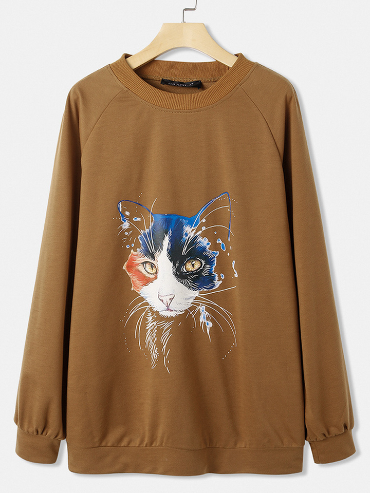 Women Cat Print Solid Color round Neck Casual Loose Pullover Sweatshirt dylinoshop