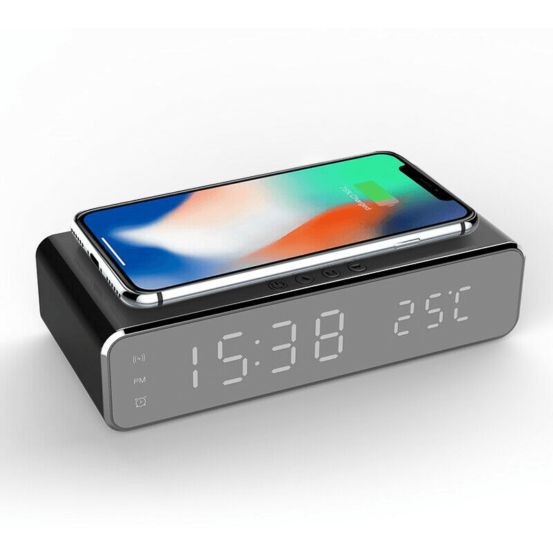 Electric LED 12/24H Alarm Clock with Phone Wireless Charger Table Digital Thermometer Display Desktop Clock MRSLM