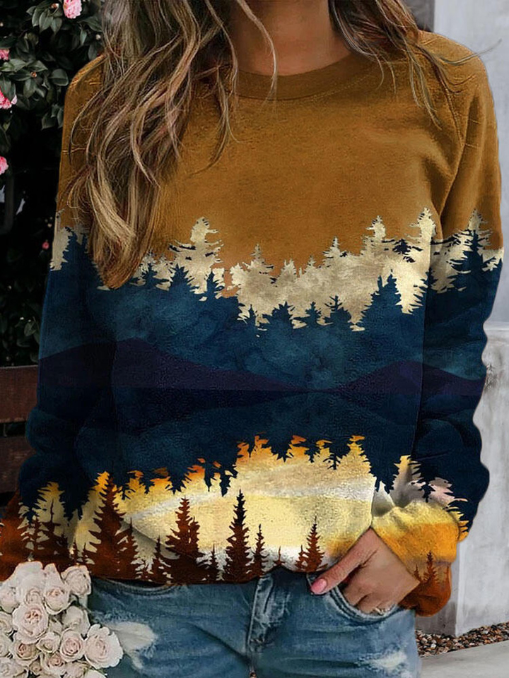 Women Landscape Print round Neck Pullover Casual Raglan Sleeve Sweatshirts dylinoshop
