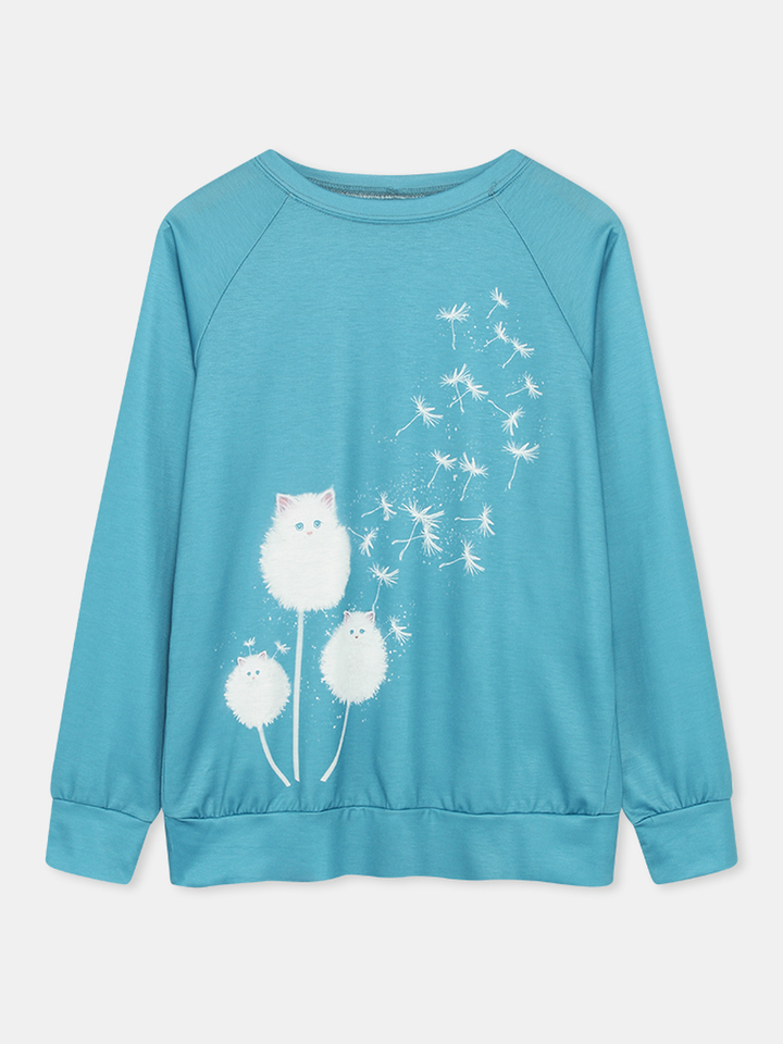 Women Cute Cat Dandelions Print round Neck Long Sleeve Casual Sweatshirt dylinoshop