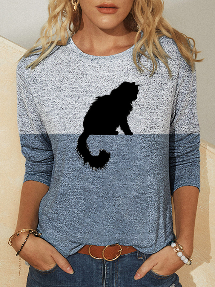 Women Cute Cat Print Colorblock Long Sleeve Casual Blouses dylinoshop