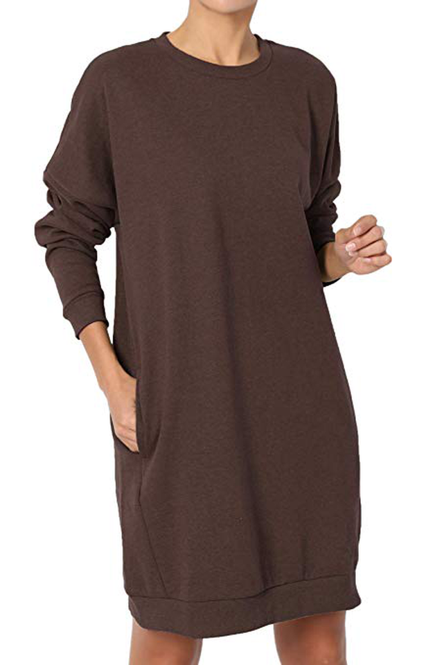 Women Long Sleeve Crew Neck Solid Pullover Loose Hoodie Sweatshirt Dress dylinoshop