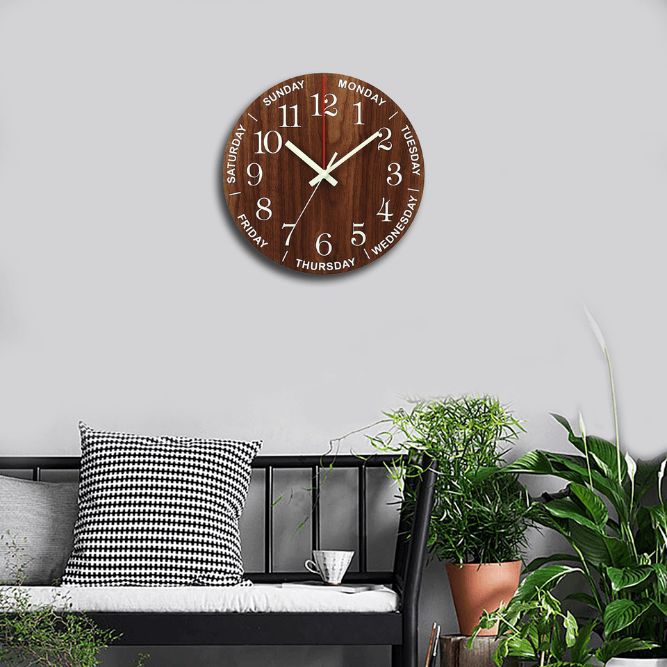 12 Inch Luminous Wall Clock Wooden Silent Non-Ticking Clock with Night Light dylinoshop