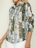 Women Calico Print Block Striped Lapel Casual Long Sleeve Shirts dylinoshop