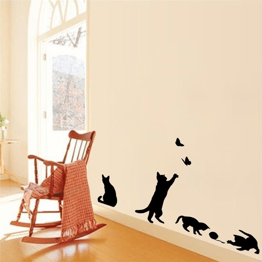 Cat Play Butterflies Wall Sticker Removable Decoration Decals for Bedroom Kitchen Living Room Walls MRSLM