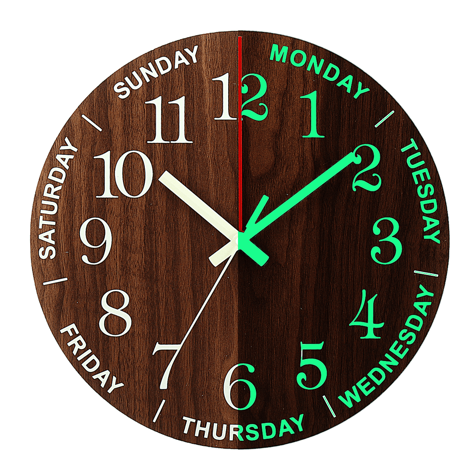 12 Inch Luminous Wall Clock Wooden Silent Non-Ticking Clock with Night Light dylinoshop