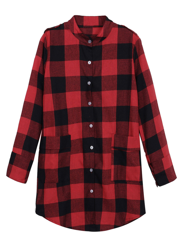 Women Casual Long Sleeve Plaid Loose Pocket Button Long Blouses dylinoshop