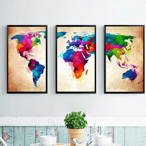 Miico Hand Painted Three Combination Decorative Paintings Colorful World Map Wall Art for Home Decoration MRSLM