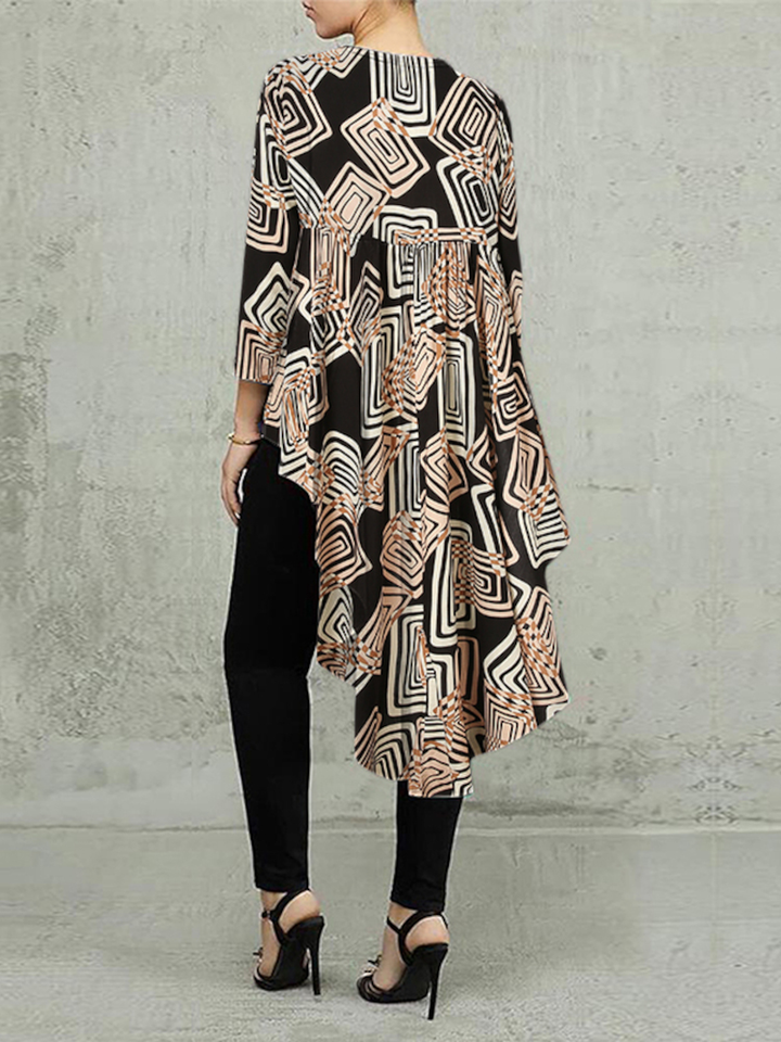 Geometric Printed Irregular Hem O-Neck Casual Long Sleeve Blouse for Women dylinoshop
