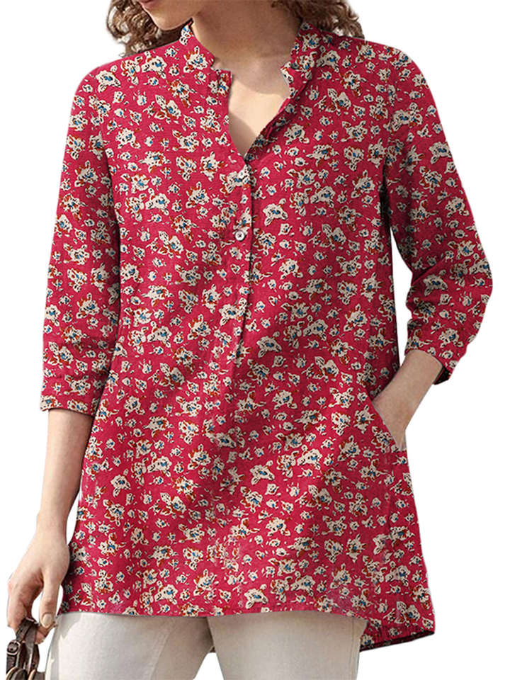 Women 100% Cotton Floral Leisure Bohemian Retro Style V-Neck Side Pockets Blouse dylinoshop