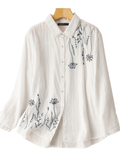 Women Puff Sleeve Flowers Printed Embroidery Button Stand Collar Shirt dylinoshop