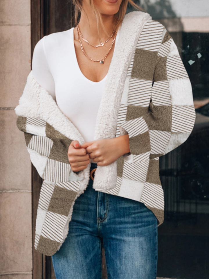 Women Plaid Fleece Hood Long Sleeve Warm Casual Hooded Sweatshirt dylinoshop