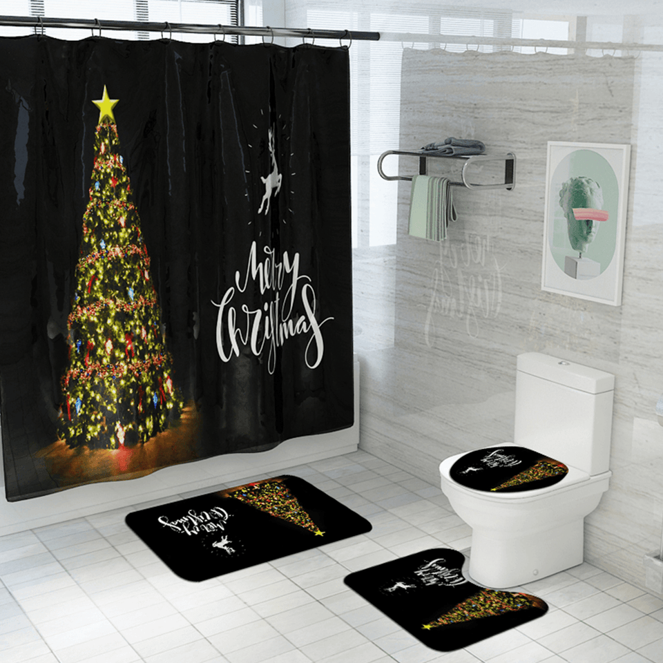 Waterproof Bathroom Shower Curtain Toilet Seat Cover Mat Non-Slip Rug Set MRSLM