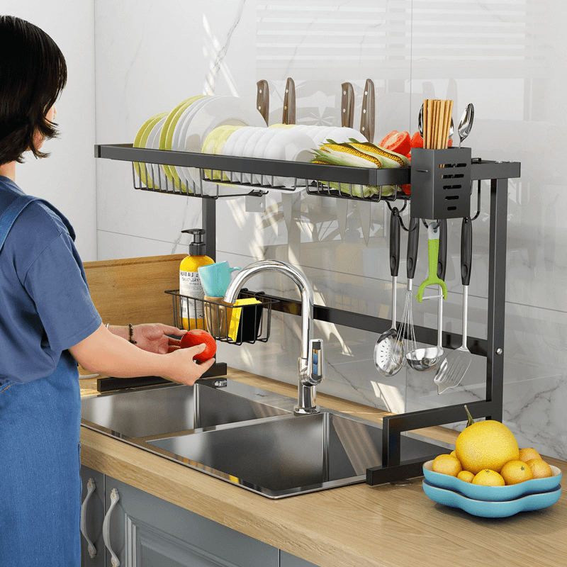 Stainless Kitchen Dish Rack 65/85CM Drainer Cutlery Cup Plates Holder Sink Drip Tray-Single/Double Slot MRSLM