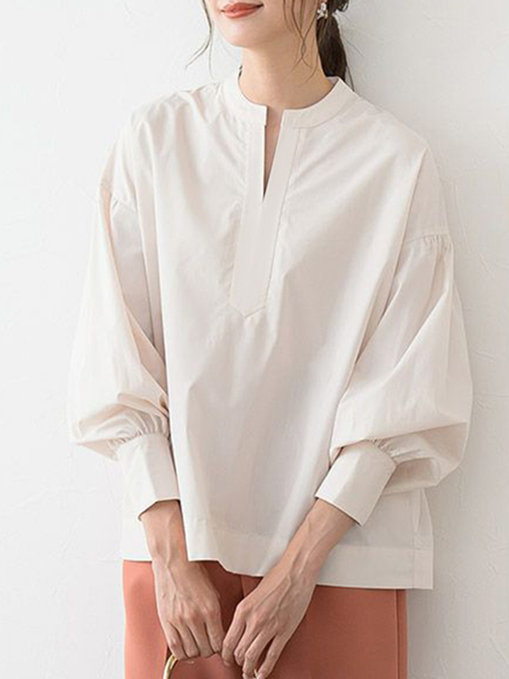 Women Solid Pleating Loose Daily Stand Collar Long Sleeve Shirts dylinoshop