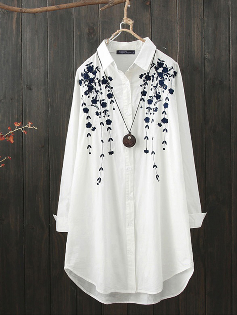 Print Lapel Collar High Low Hem White Long Sleeve Button Casual Shirts for Women dylinoshop