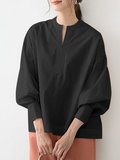 Women Solid Pleating Loose Daily Stand Collar Long Sleeve Shirts dylinoshop