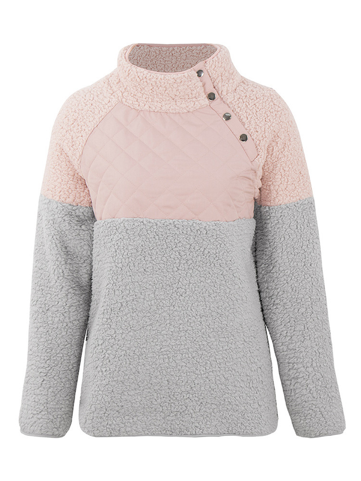 Women Casual Fleece Button High Collar Patchwork Sweatshirt dylinoshop