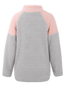 Women Casual Fleece Button High Collar Patchwork Sweatshirt dylinoshop