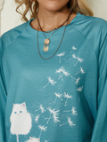Women Cute Cat Dandelions Print round Neck Long Sleeve Casual Sweatshirt dylinoshop
